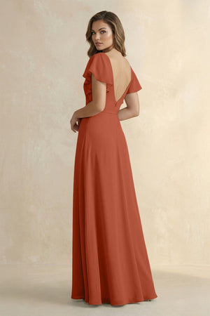 Ruffled V - Neck Chiffon A - Line Bridesmaid Dress in Spice - KISS BRIDAL Bridesmaid Dresses