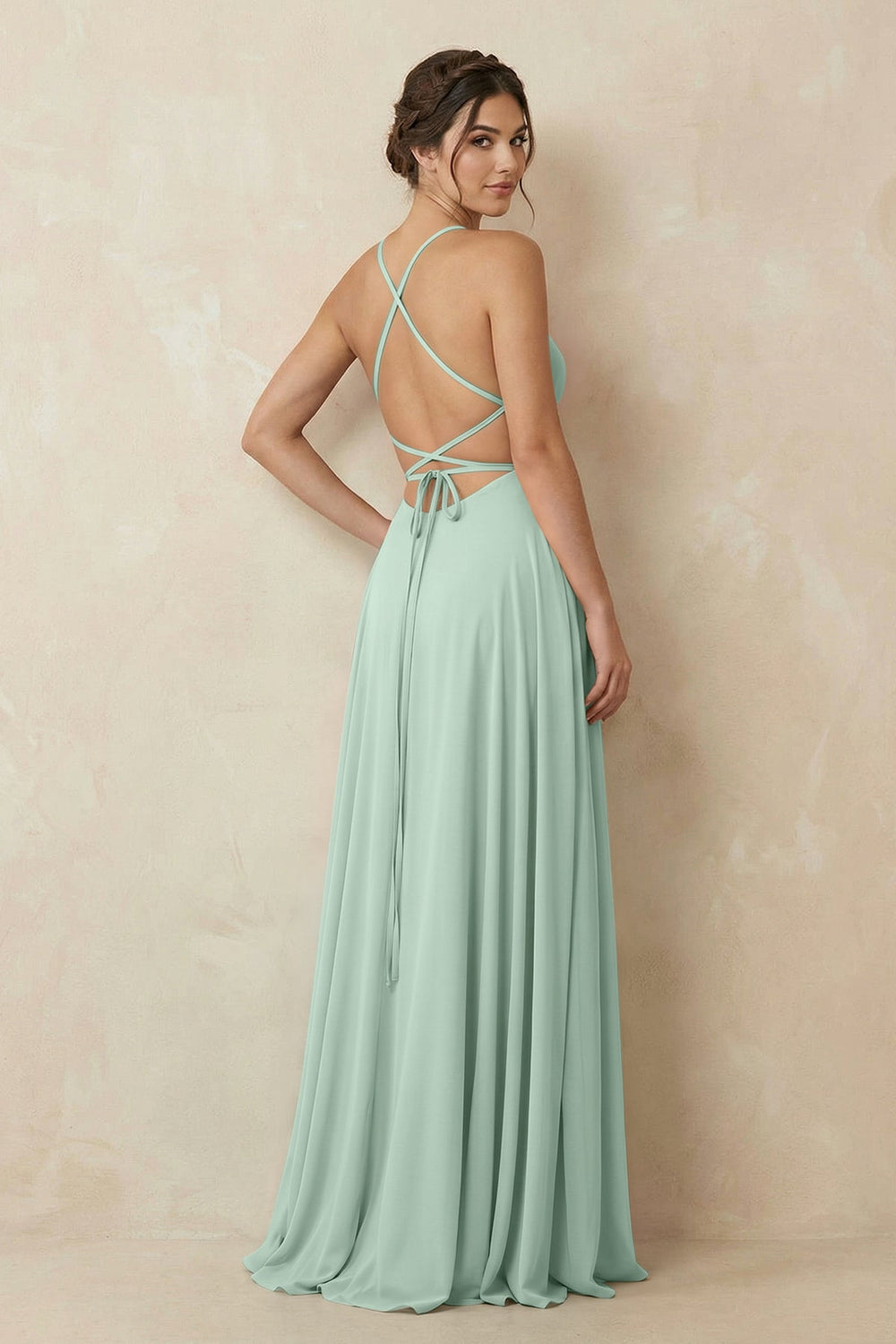 A-Line Chiffon Bridesmaid Dress With Slit in Sage