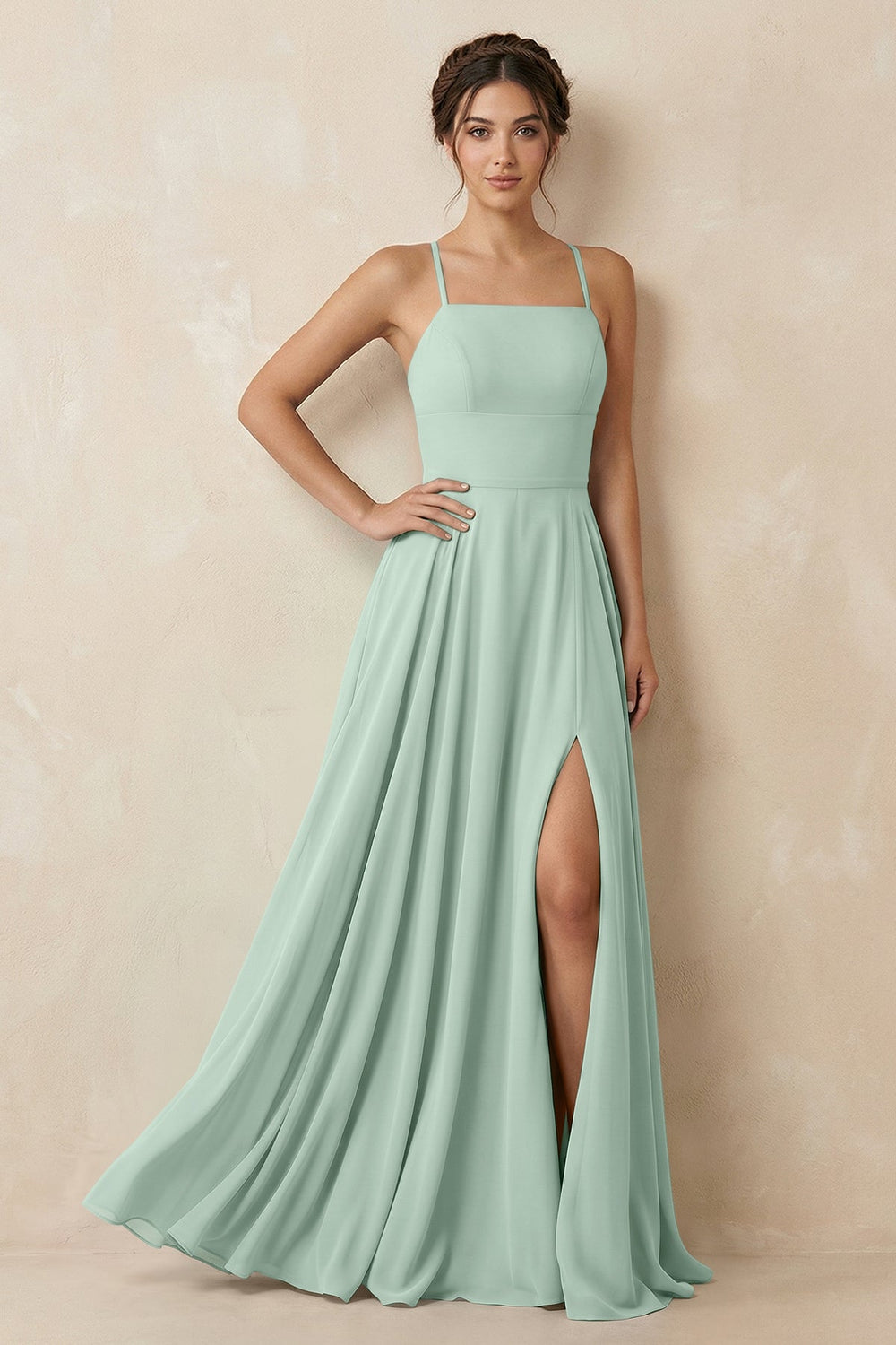 A-Line Chiffon Bridesmaid Dress With Slit in Sage
