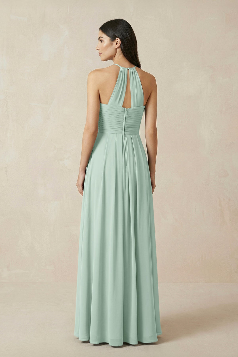 A-Line Halter Neck Pleated Chiffon Bridesmaid Dress in Sage