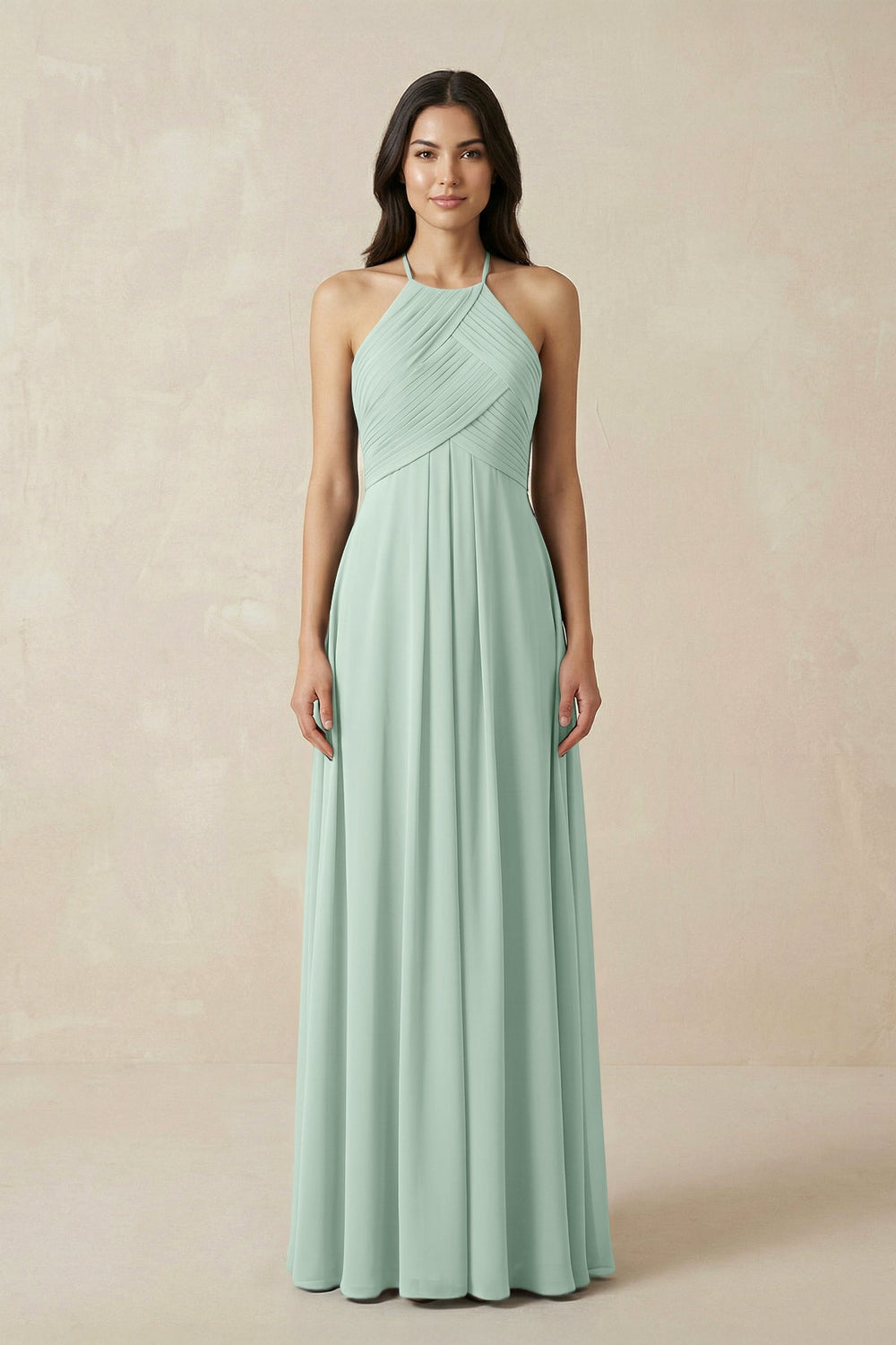A-Line Halter Neck Pleated Chiffon Bridesmaid Dress in Sage