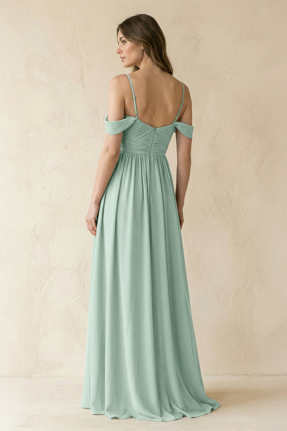 A-Line Off-the-Shoulder Pleated Chiffon Bridesmaid Dress in Sage