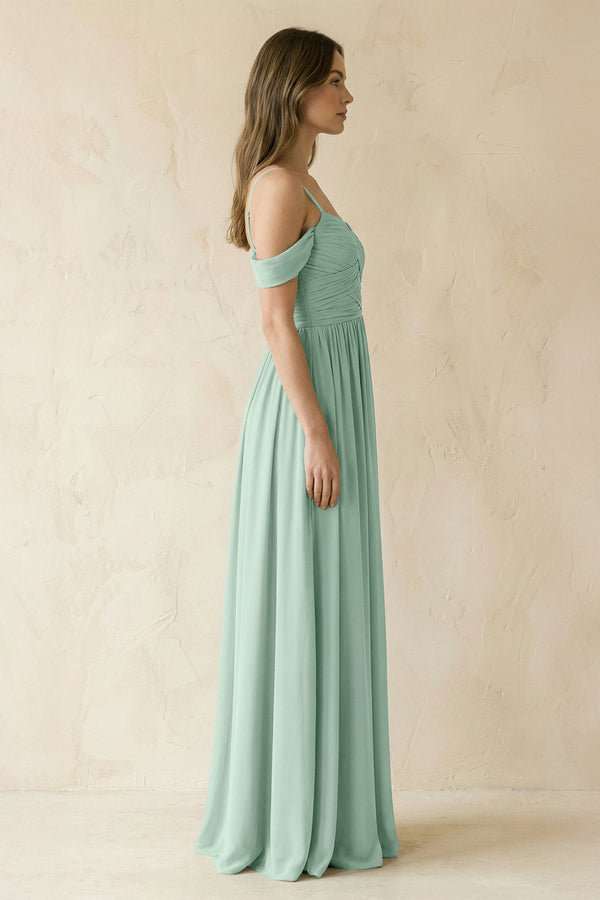 Sage A-Line Off-the-Shoulder Pleated Chiffon Bridesmaid Dress (3) | KISSBRIDAL