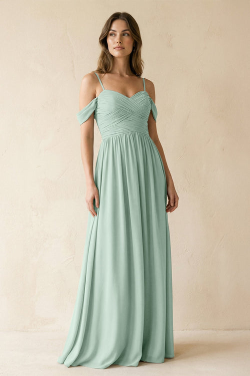 Sage A-Line Off-the-Shoulder Pleated Chiffon Bridesmaid Dress | KISSBRIDAL