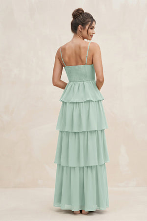 Sage Cami Strap Tiered A-Line Chiffon Bridesmaid Dress (2) | KISSBRIDAL