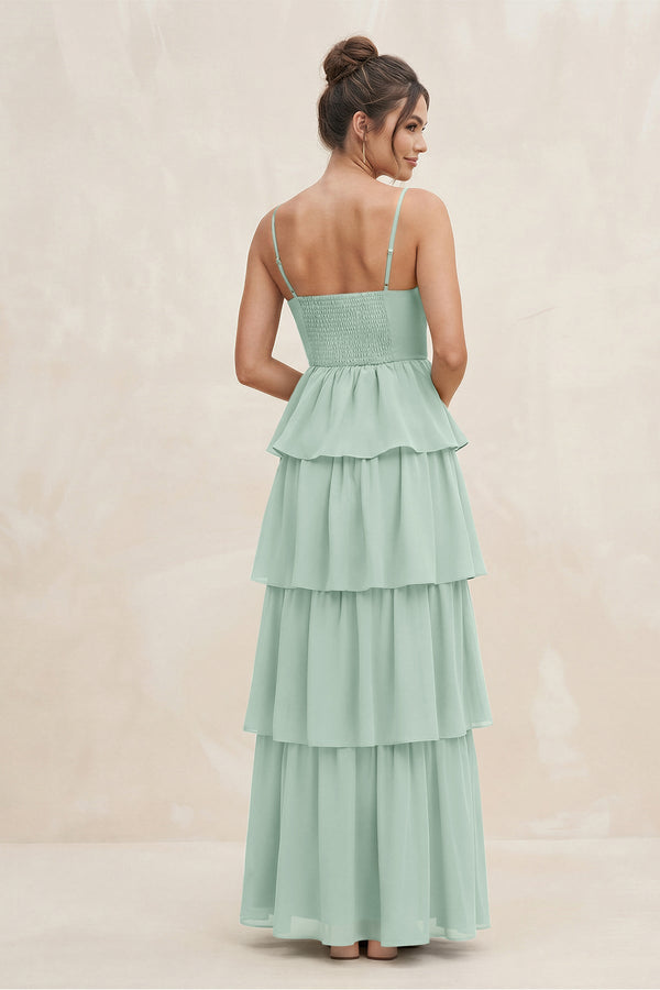 Sage Cami Strap Tiered A-Line Chiffon Bridesmaid Dress (2) | KISSBRIDAL