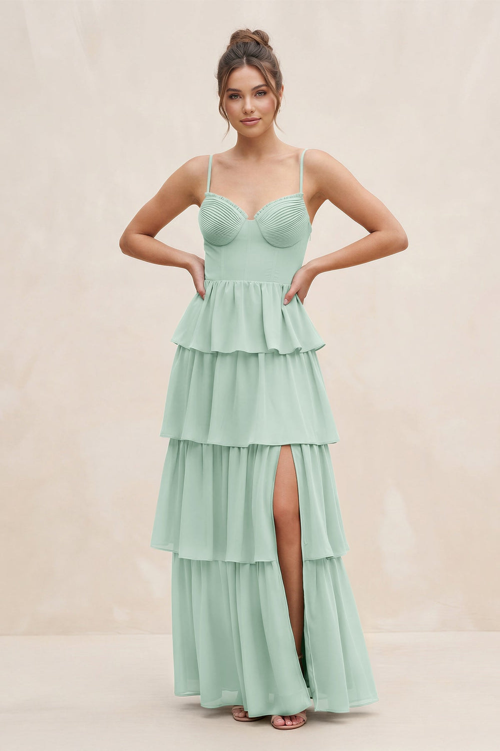 Cami Strap Tiered A-Line Chiffon Bridesmaid Dress in Sage