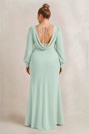 Sage Long Sleeve V-Neck Sheath Chiffon Bridesmaid Dress (2) [sizeplus] | KISSBRIDAL