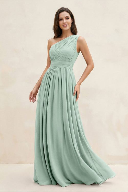 Sage One-Shoulder Pleated A-Line Chiffon Bridesmaid Dress | KISSBRIDAL