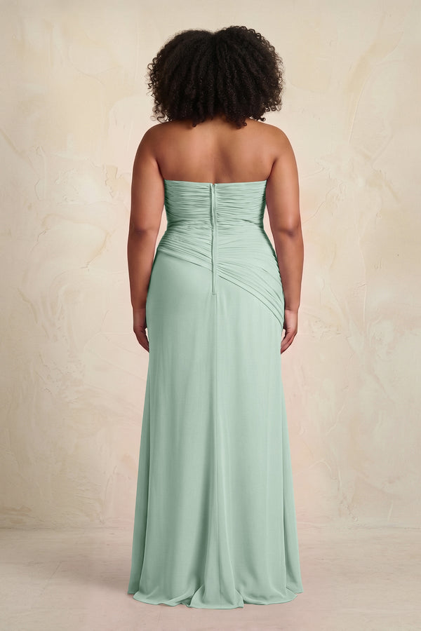 Sage Sheath Chiffon Strapless Pleated Bridesmaid Dress (4) [sizeplus] | KISSBRIDAL