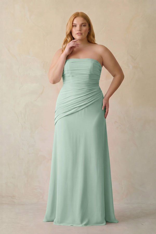 Sage Sheath Chiffon Strapless Pleated Bridesmaid Dress [sizeplus] | KISSBRIDAL