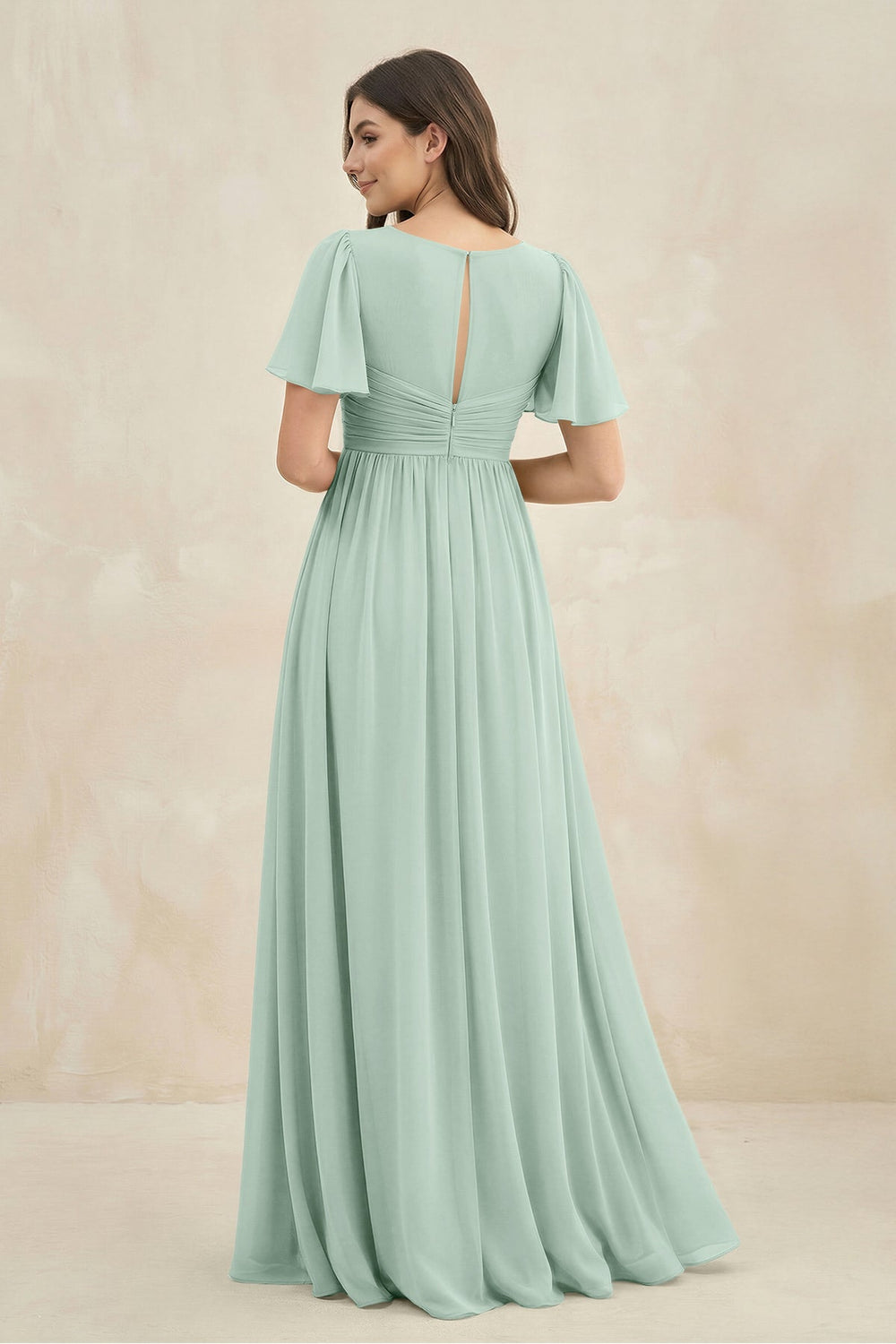 Short Sleeve Chiffon V-Neck A-Line Bridesmaid Dress in Sage