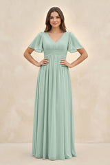 Sage Short Sleeve Chiffon V-Neck A-Line Bridesmaid Dress | KISSBRIDAL