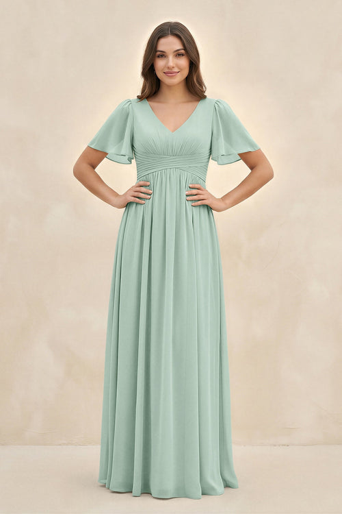 Sage Short Sleeve Chiffon V-Neck A-Line Bridesmaid Dress | KISSBRIDAL