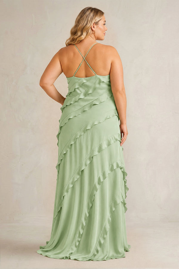 Sage Spaghetti Straps Sheath Stain Ruffled Bridesmaid Dress (3) | KISSBRIDAL[sizeplus]