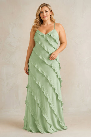 Sage Spaghetti Straps Sheath Stain Ruffled Bridesmaid Dress | KISSBRIDAL[sizeplus]