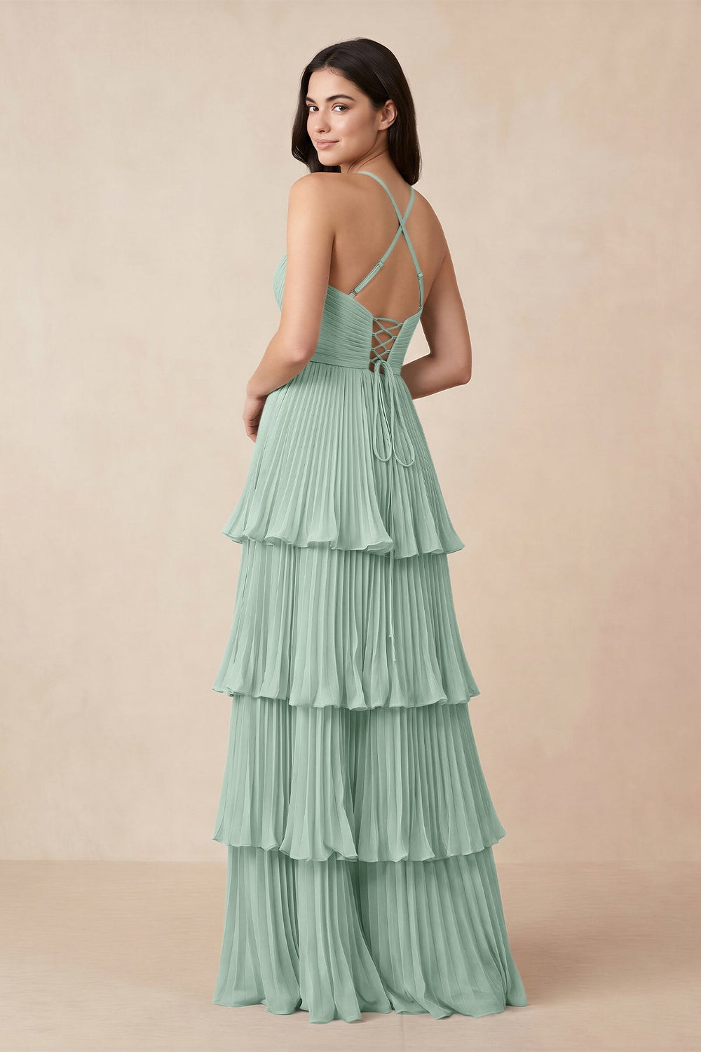 Tiered Pleated V-Neck A-Line Chiffon Bridesmaid Dress in Sage