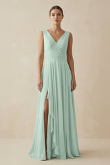 Sage V-Neck A-Line Chiffon Ruffled Bridesmaid Dress | KISSBRIDAL