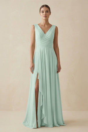 Sage V-Neck A-Line Chiffon Ruffled Bridesmaid Dress | KISSBRIDAL