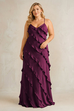 Sangria Spaghetti Straps Sheath Stain Ruffled Bridesmaid Dress | KISSBRIDAL[sizeplus]