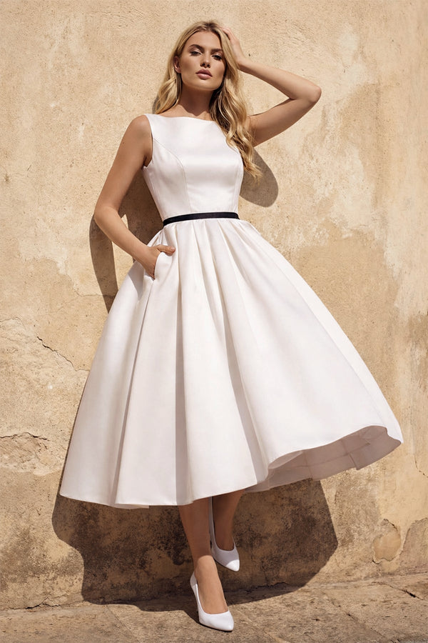 Satin A - Line Bateau Neck Midi Wedding Dress in White - KISS BRIDAL Wedding Dresses