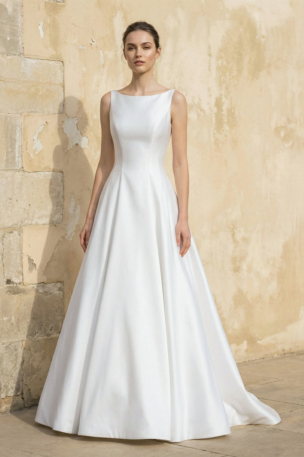 Satin A Line Open Back Ball Gown With Bow in White