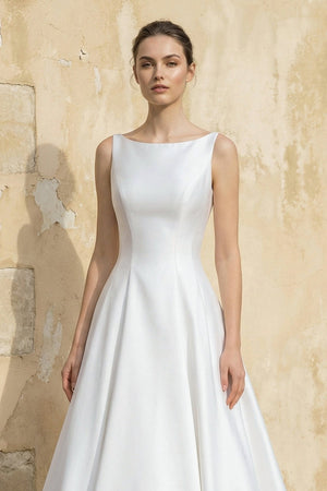 Satin A Line Open Back Ball Gown With Bow in White - KISS BRIDAL Wedding Dresses