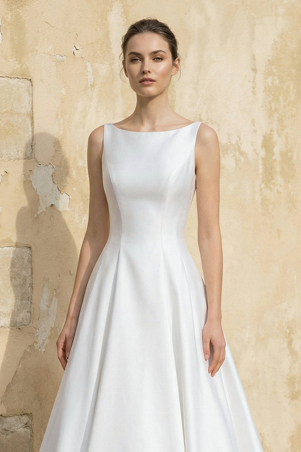 Satin A Line Open Back Ball Gown With Bow in White - KISS BRIDAL Wedding Dresses