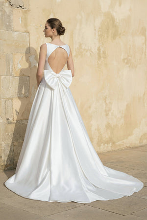 Satin A Line Open Back Ball Gown With Bow in White - KISS BRIDAL Wedding Dresses