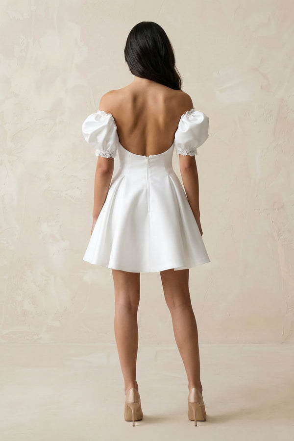 Satin Lace Off - the - Shoulder A - Line Wedding Dress in White - KISS BRIDAL Wedding Dresses