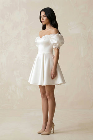 Satin Lace Off - the - Shoulder A - Line Wedding Dress in White - KISS BRIDAL Wedding Dresses