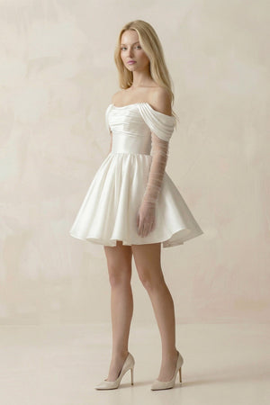 Satin Off - the - Shoulder A - Line Ruched Wedding Dress With Sleeves in White - KISS BRIDAL Wedding Dresses