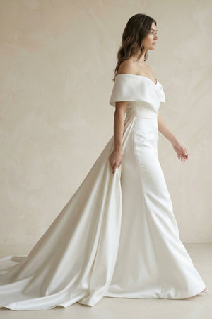 Satin Off - the - Shoulder Mermaid Weddding Dress With Cape Train in White - KISS BRIDAL Wedding Dresses