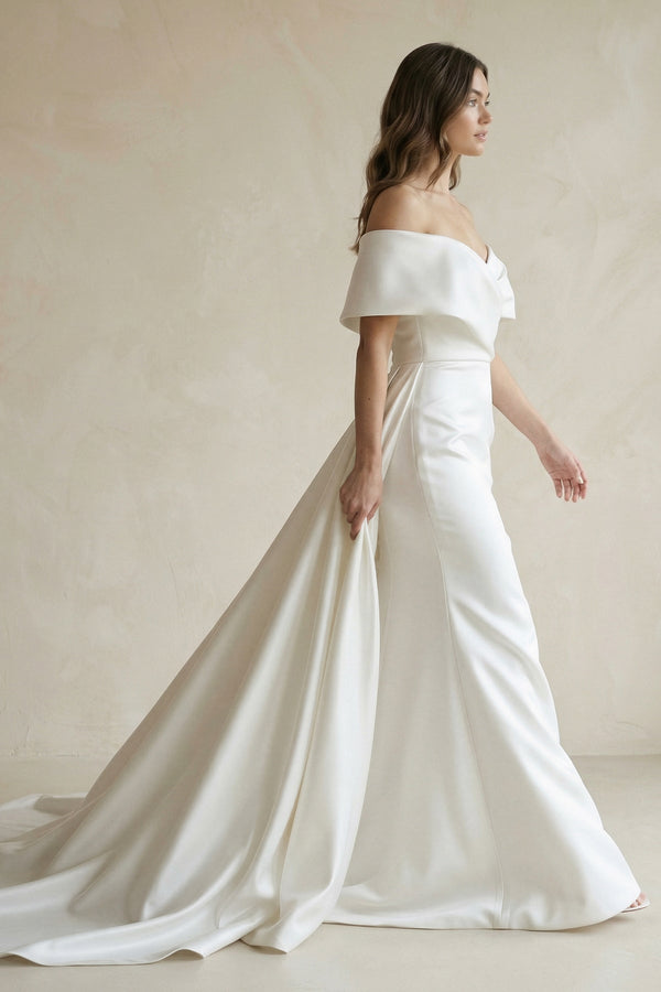 Satin Off - the - Shoulder Mermaid Weddding Dress With Cape Train in White - KISS BRIDAL Wedding Dresses