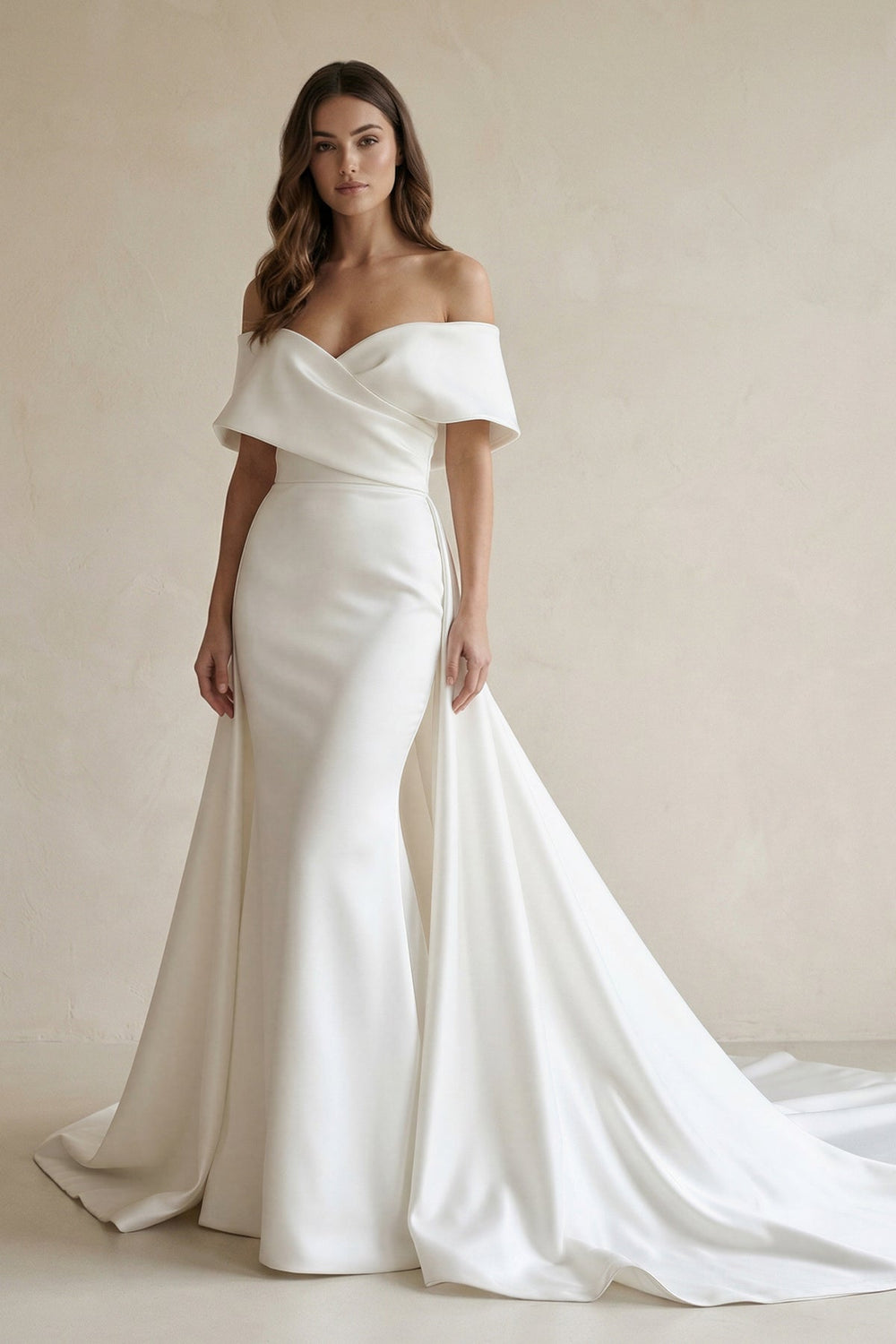 Satin Off-the-Shoulder Mermaid Wedding Dress With Cape Train in White