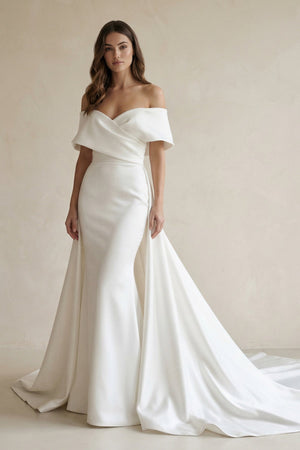 Satin Off - the - Shoulder Mermaid Weddding Dress With Cape Train in White - KISS BRIDAL Wedding Dresses