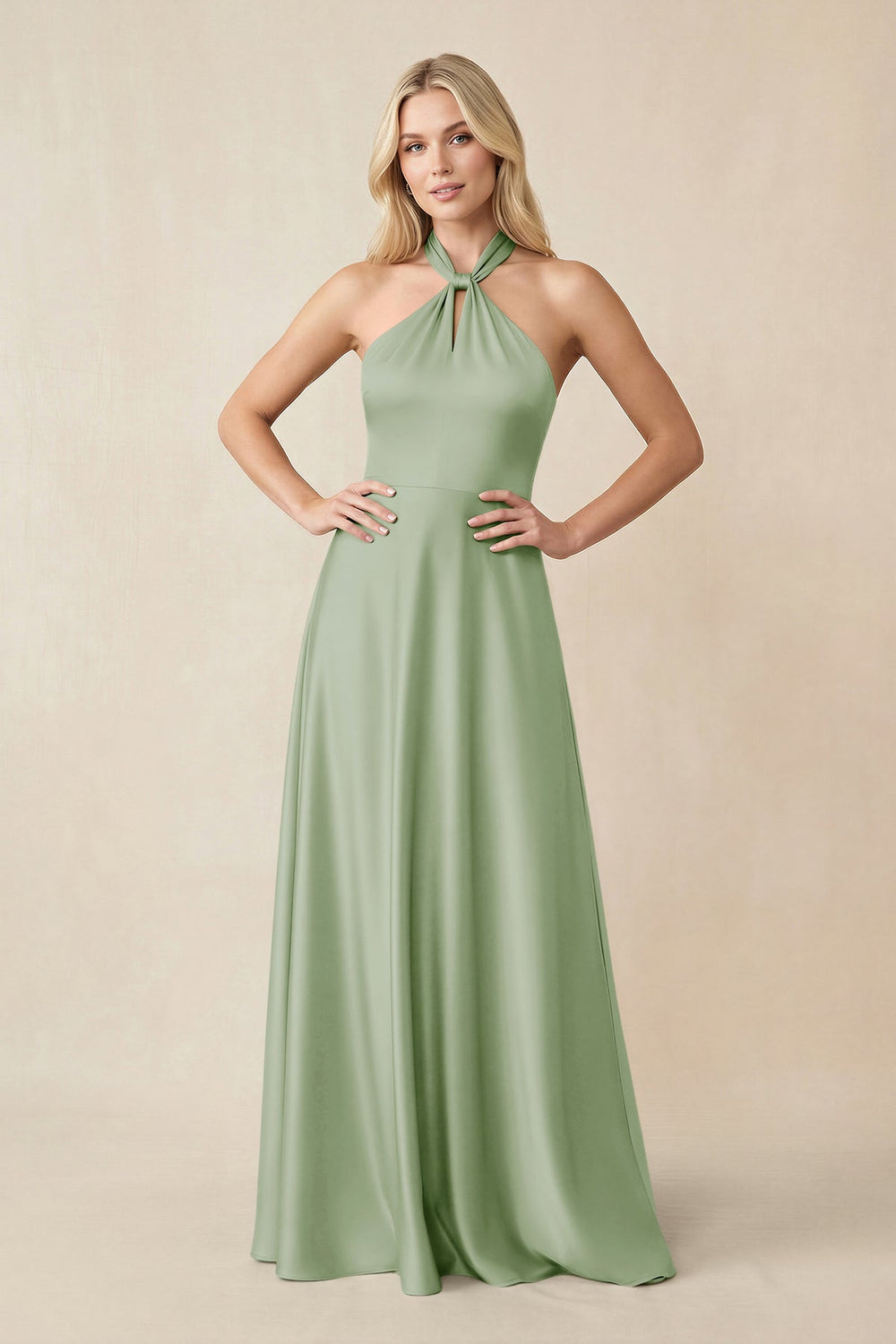 Halter Neck Satin A-Line Bridesmaid Gown with Bow in Sage