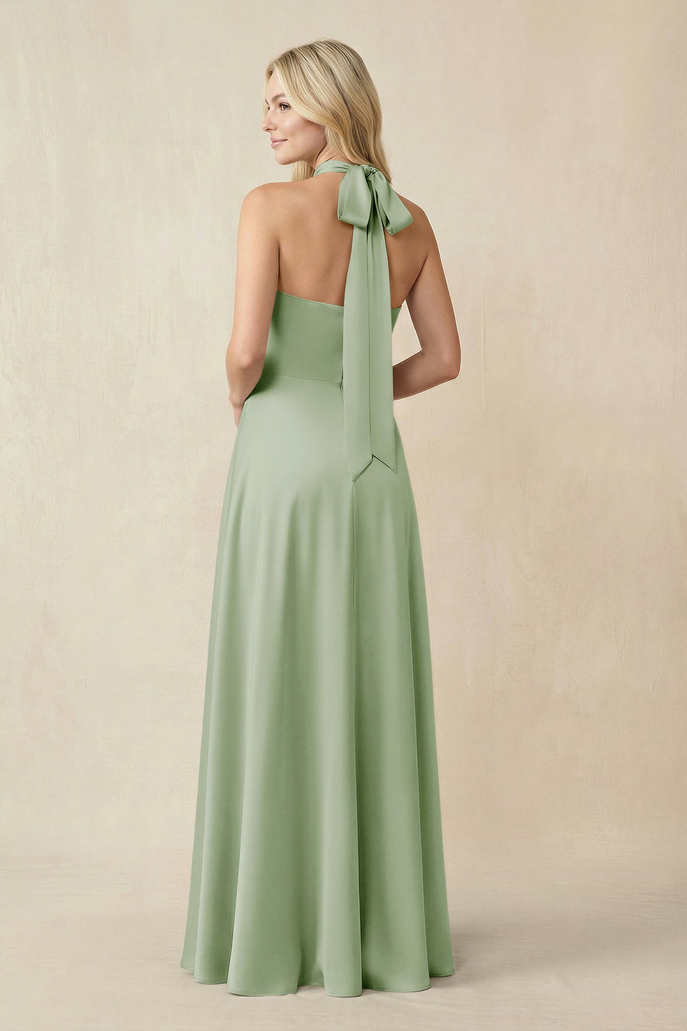 Halter Neck Satin A-Line Bridesmaid Gown with Bow in Sage