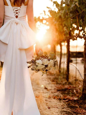 Satin Sheath Wedding Dress With Bow in Ivory - KISS BRIDAL Wedding Dresses