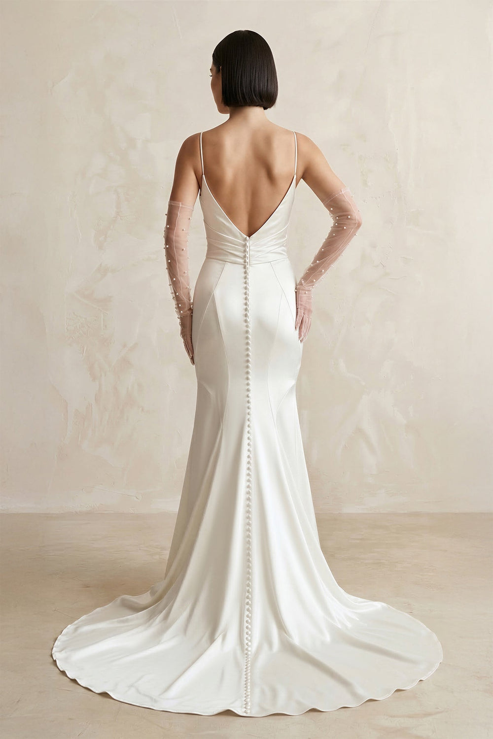 Satin Spaghetti Straps Mermaid Wedding Dress With Sleeves in White