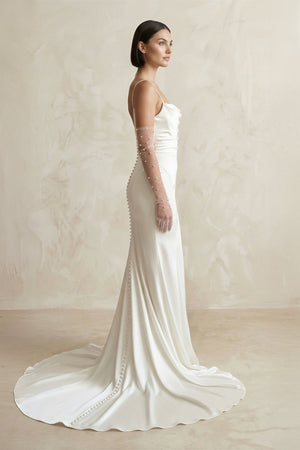 Satin Spaghetti Straps Mermaid Wedding Dress With Sleeve in White - KISS BRIDAL Wedding Dresses
