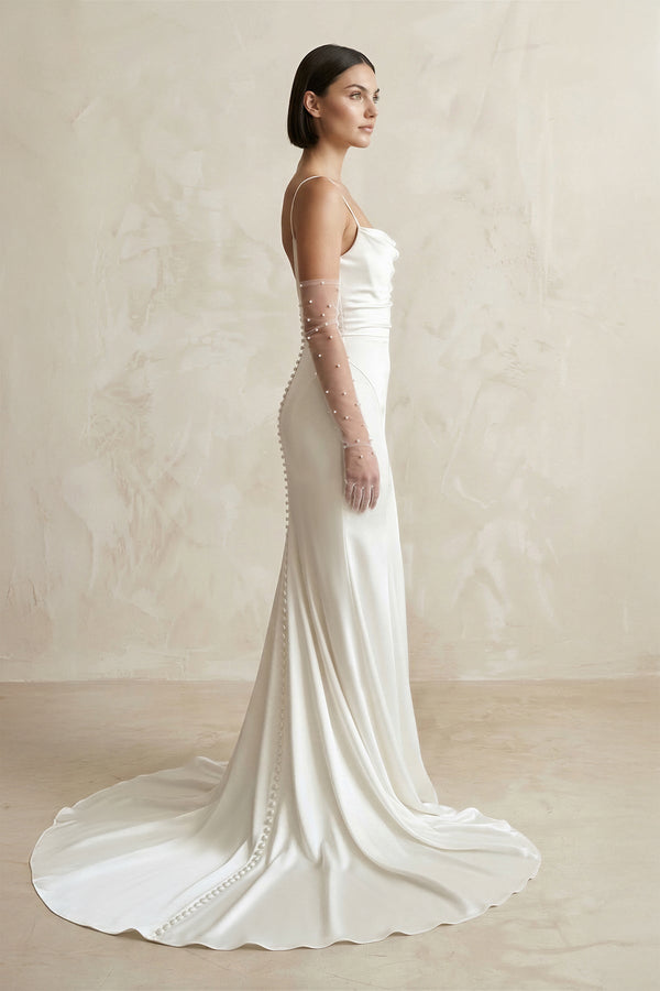 Satin Spaghetti Straps Mermaid Wedding Dress With Sleeve in White - KISS BRIDAL Wedding Dresses