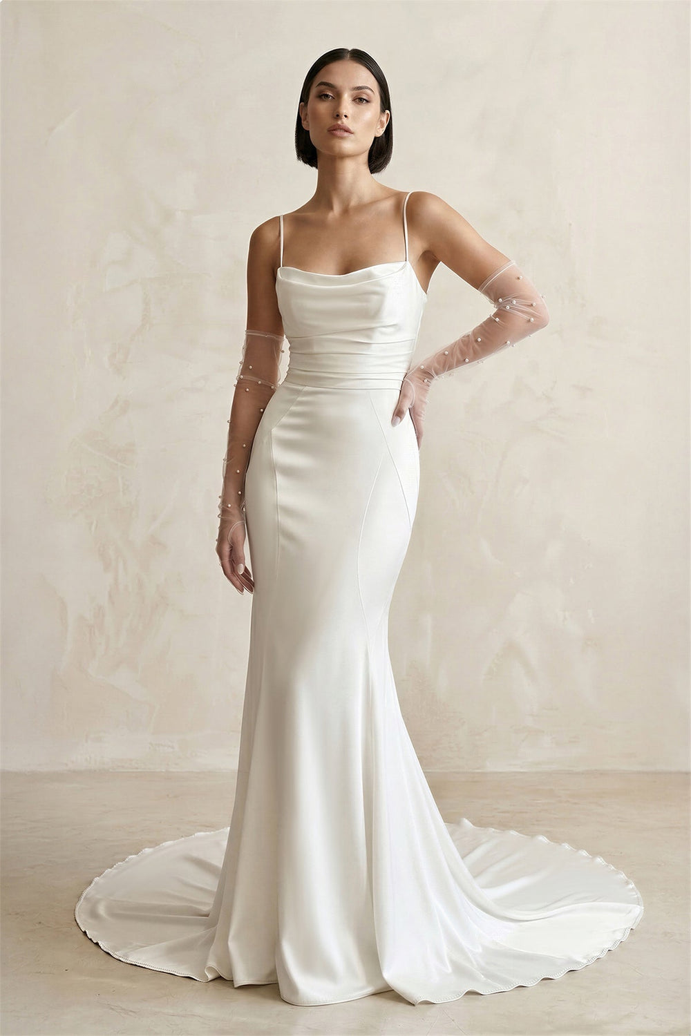 Satin Spaghetti Straps Mermaid Wedding Dress With Sleeves in White