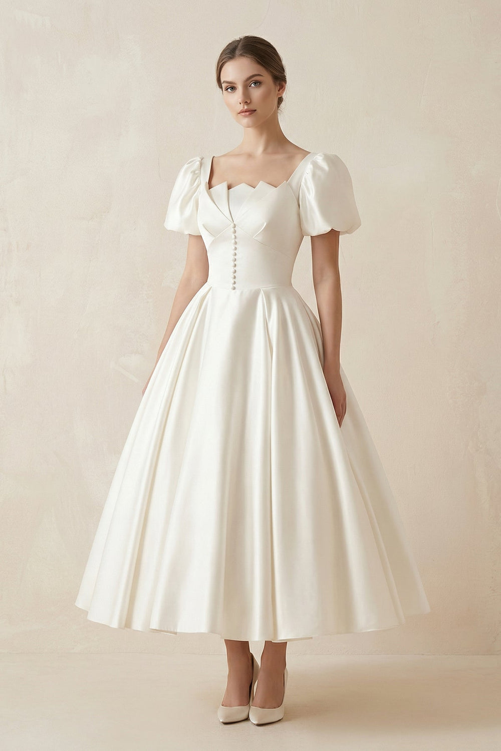 Satin Square Neck Short Sleeve Wedding Dress in Ivory