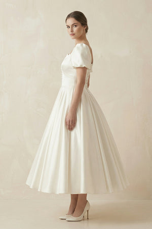 Satin Square Neck Short Sleeve Lace Up Wedding Dress in Ivory - KISS BRIDAL Wedding Dresses