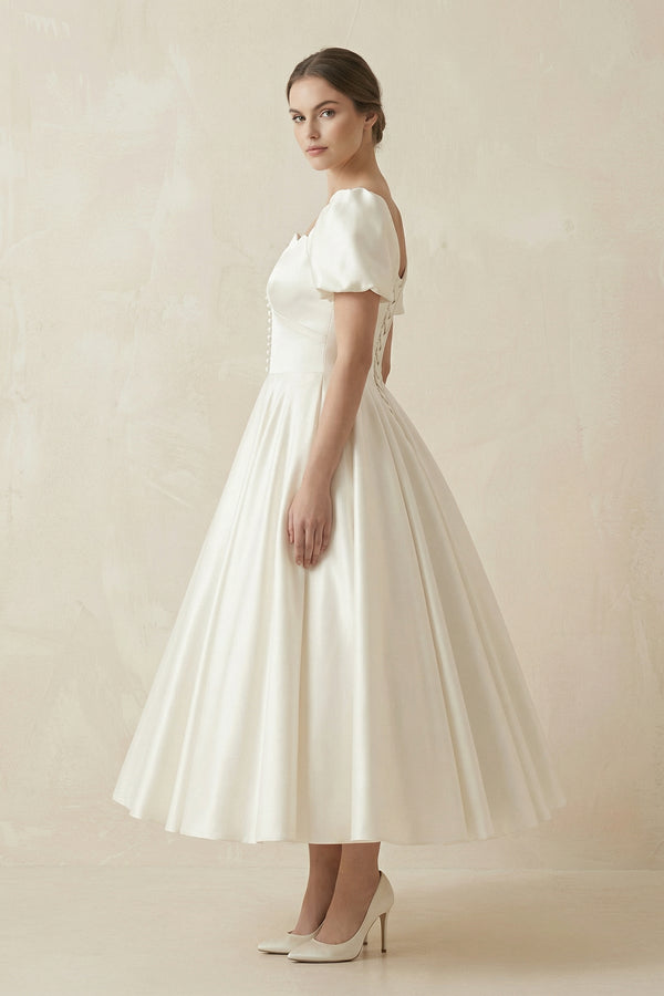 Satin Square Neck Short Sleeve Lace Up Wedding Dress in Ivory - KISS BRIDAL Wedding Dresses