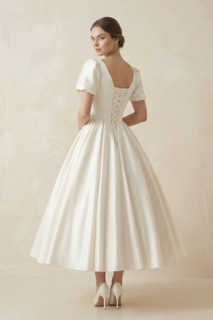 Satin Square Neck Short Sleeve Lace Up Wedding Dress in Ivory - KISS BRIDAL Wedding Dresses
