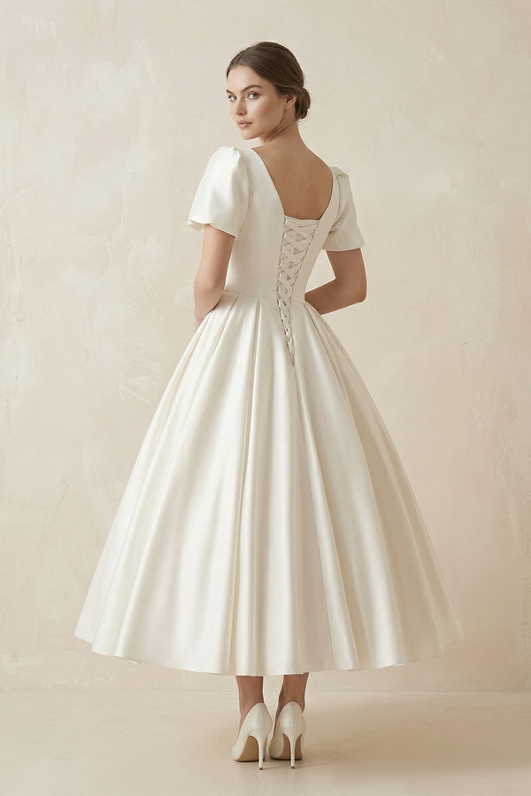 Satin Square Neck Short Sleeve Lace Up Wedding Dress in Ivory - KISS BRIDAL Wedding Dresses