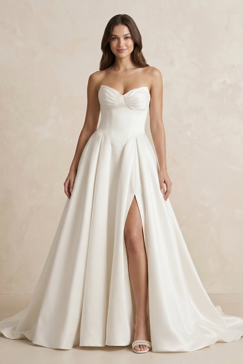 Satin Sweetheart A-Line Ruched Wedding Dress With Slit in Ivory