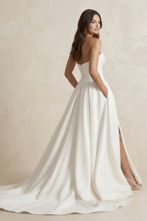 Satin Sweetheart A - Line Ruched Wedding Dress With Slit in Ivory - KISS BRIDAL Wedding Dresses
